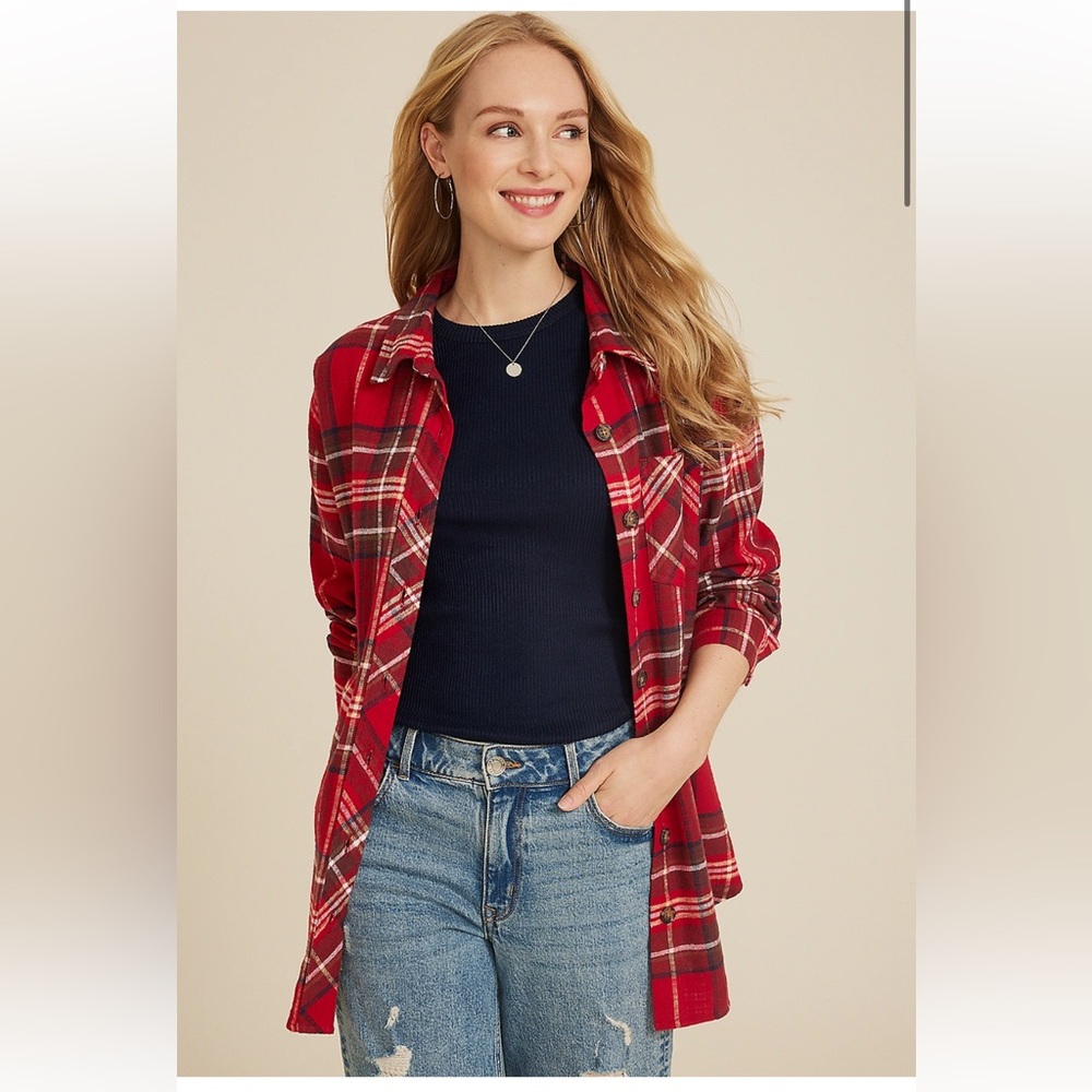🆕 NWT Maurices Cabin Plaid Boyfriend Button Down Shirt, L